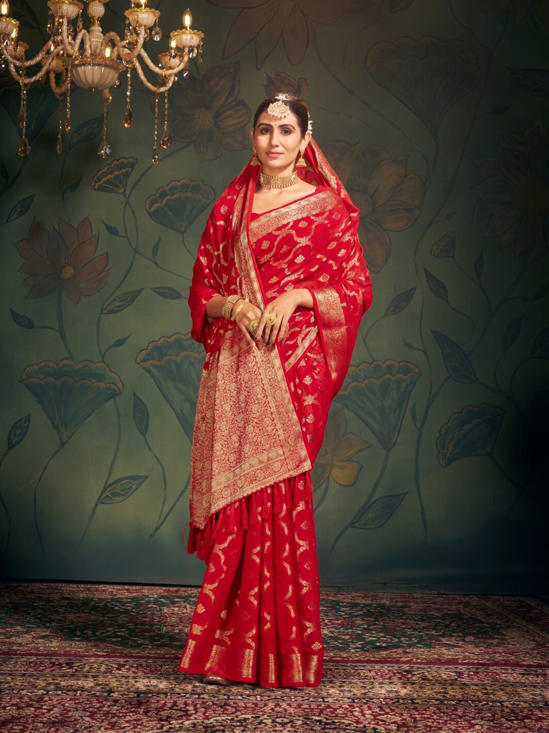 

FLOURIOUS Ethnic Motifs Woven Design Zari Pure Georgette Banarasi Saree, Red