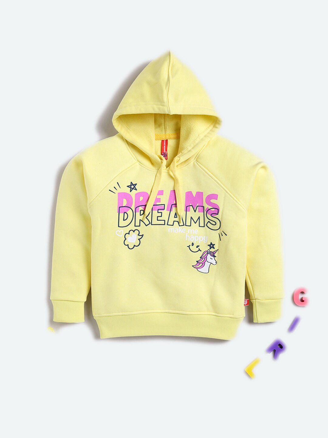 

GAME BEGINS Girls Typography Printed Hooded Sweatshirt, Yellow