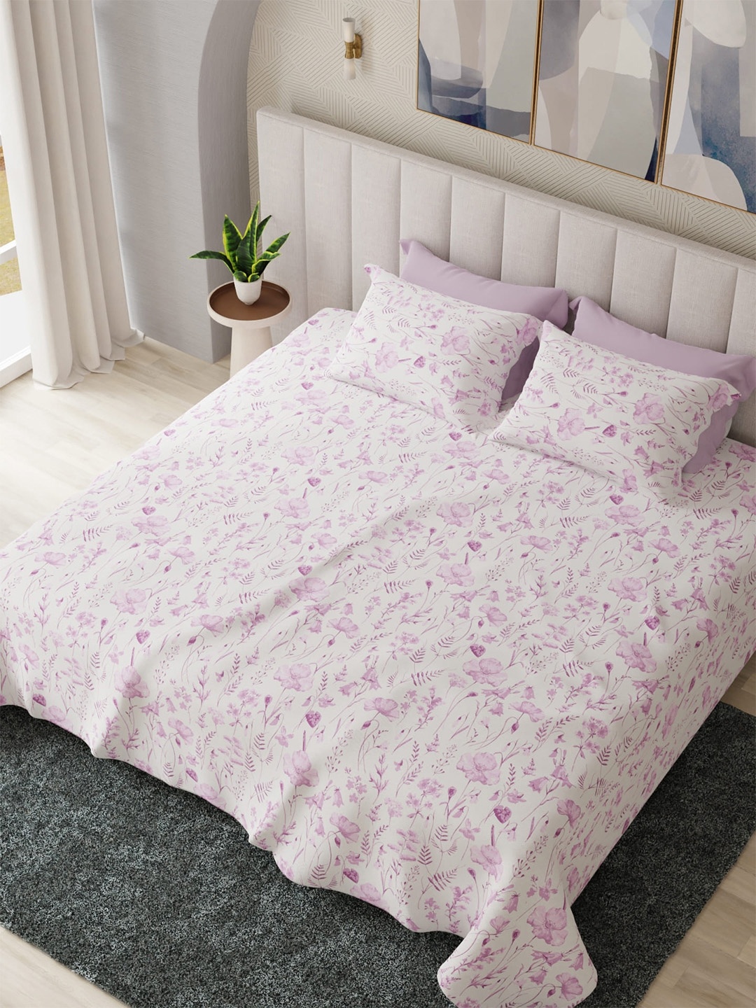 

HOUMN Synchrony Pink & White Floral Cotton 300 TC King Bedsheet With 2 Pillow Covers