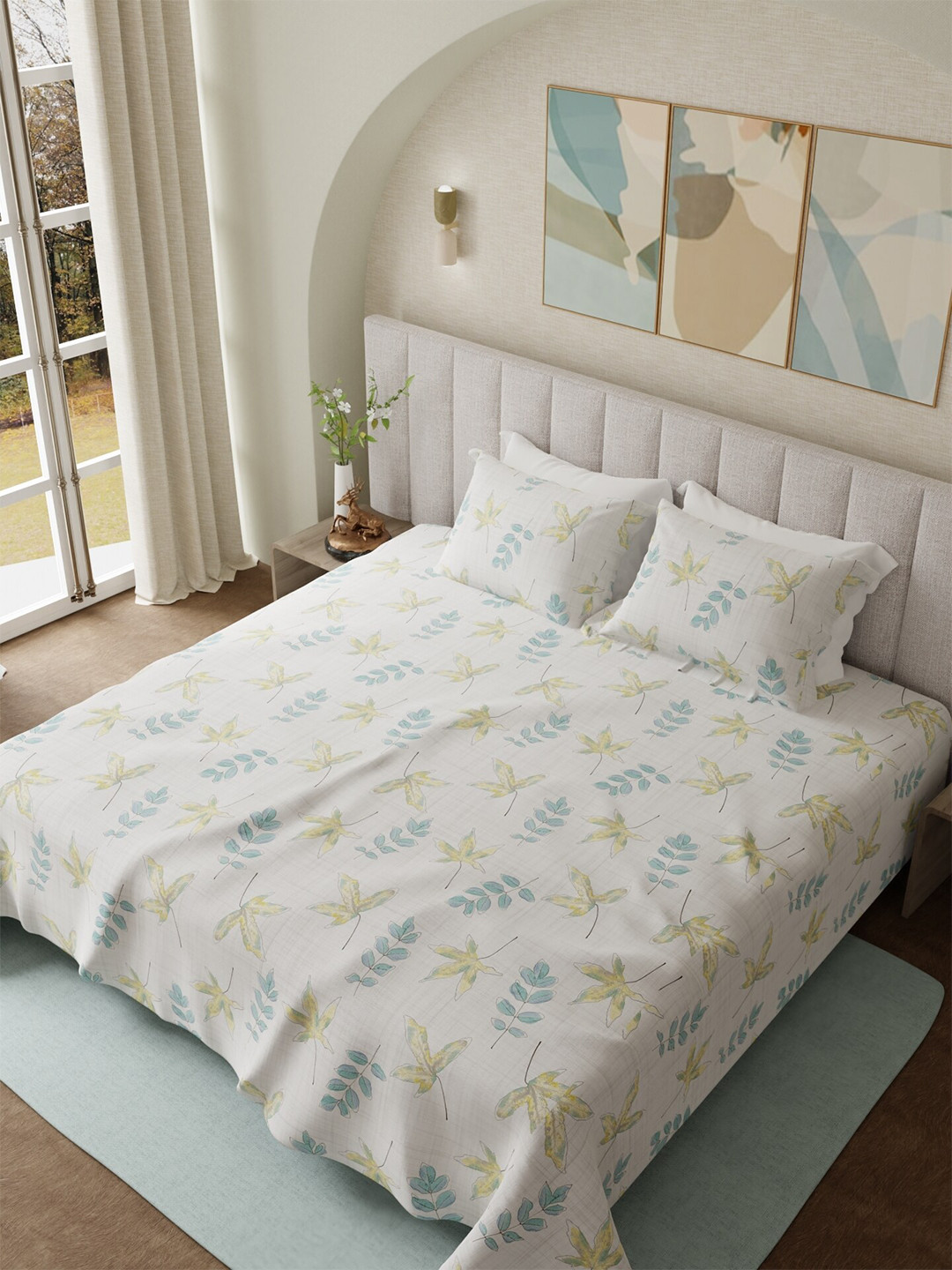 

HOUMN Yellow & Blue Floral Cotton 300 TC King Bedsheet with 2 Pillow Covers