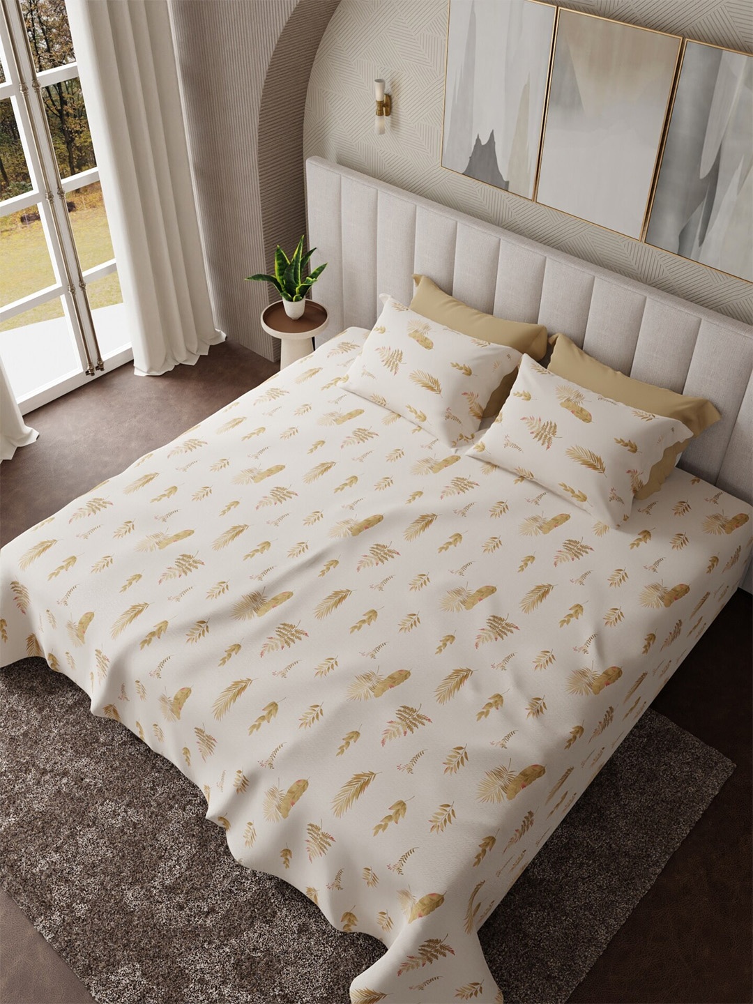 

HOUMN Brown & White Floral Cotton 300 TC King Bedsheet with 2 Pillow Covers