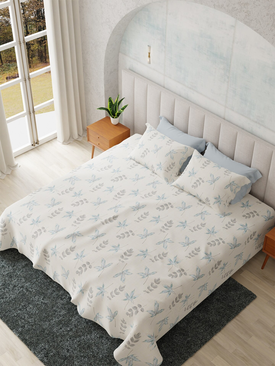 

HOUMN Mirage Blue & Off White Floral Cotton 300 TC King Bedsheet With 2 Pillow Covers