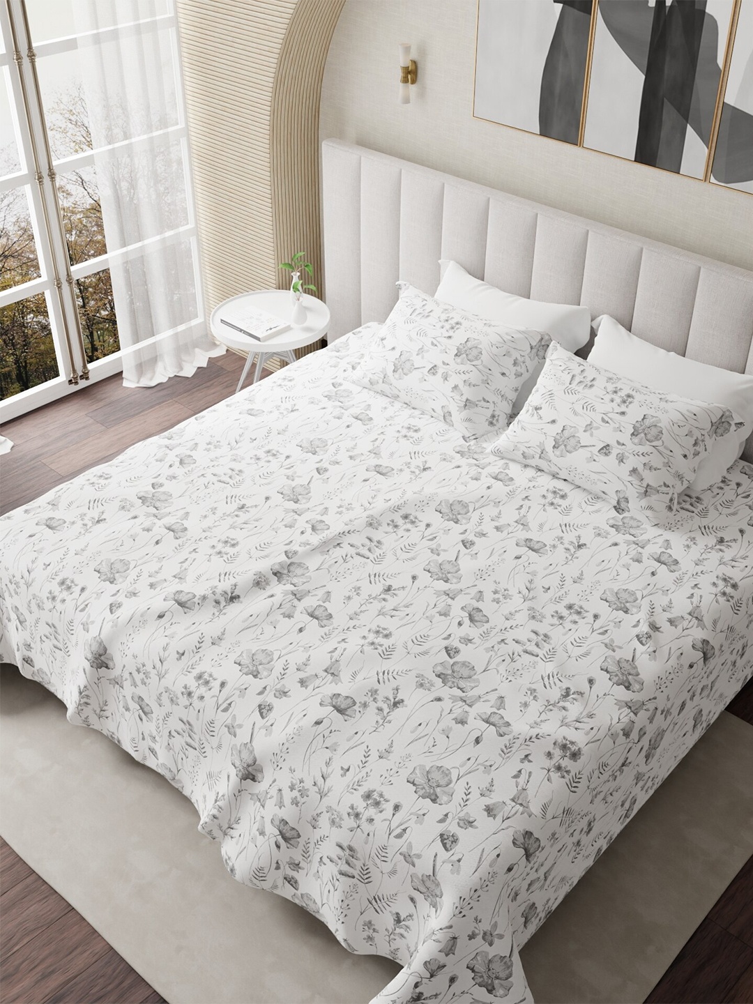 

HOUMN Horizon White & Grey Floral Cotton 300 TC King Bedsheet with 2 Pillow Covers