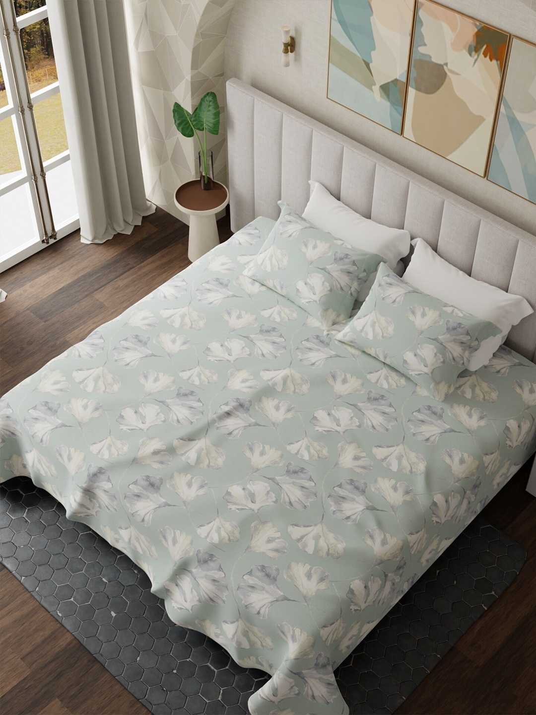 

HOUMN Green Floral Cotton 300 TC King Bedsheet with 2 Pillow Covers