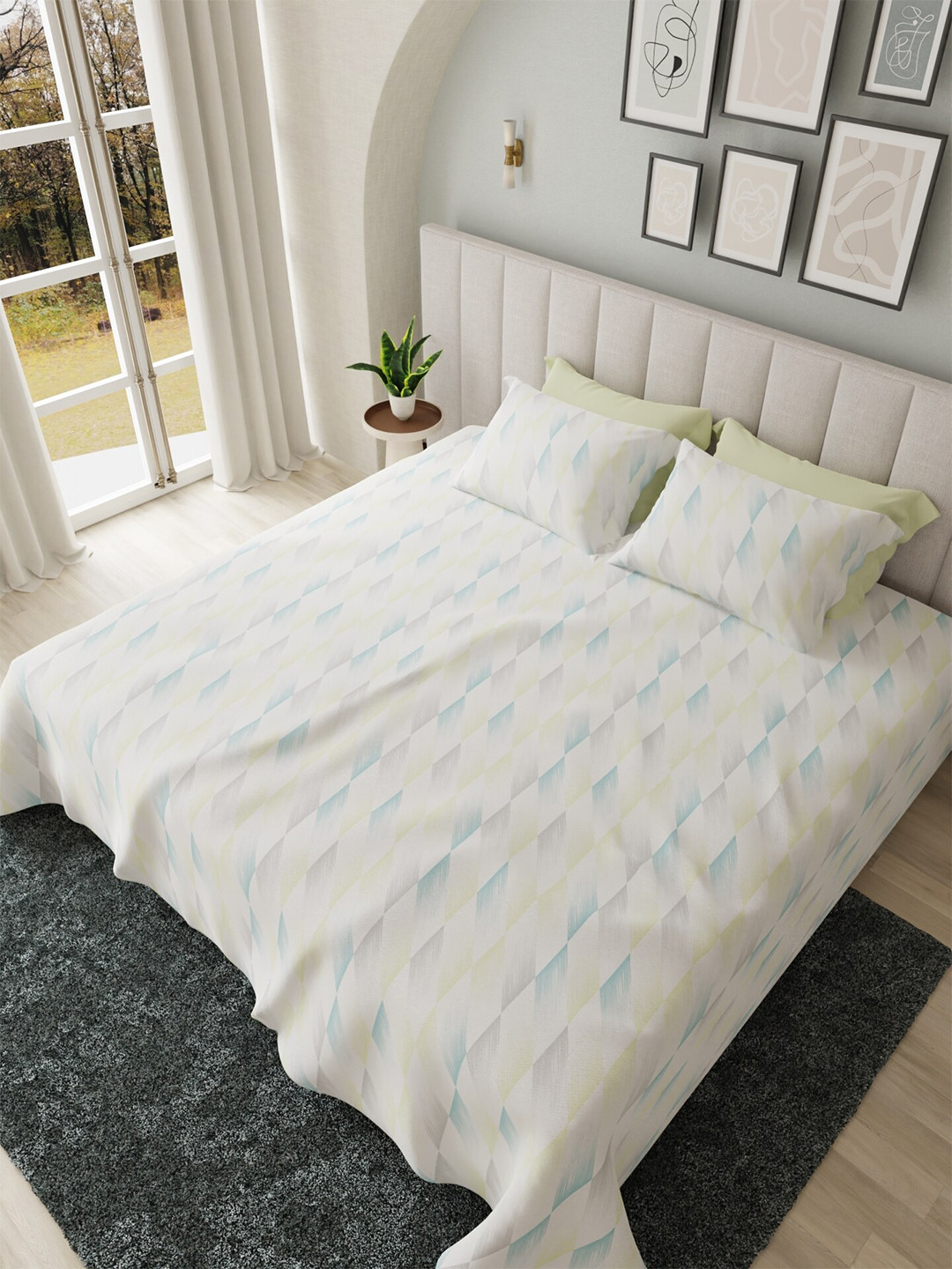 

HOUMN Opal Yellow & White Geometric Cotton 300 TC King Bedsheet with 2 Pillow Covers