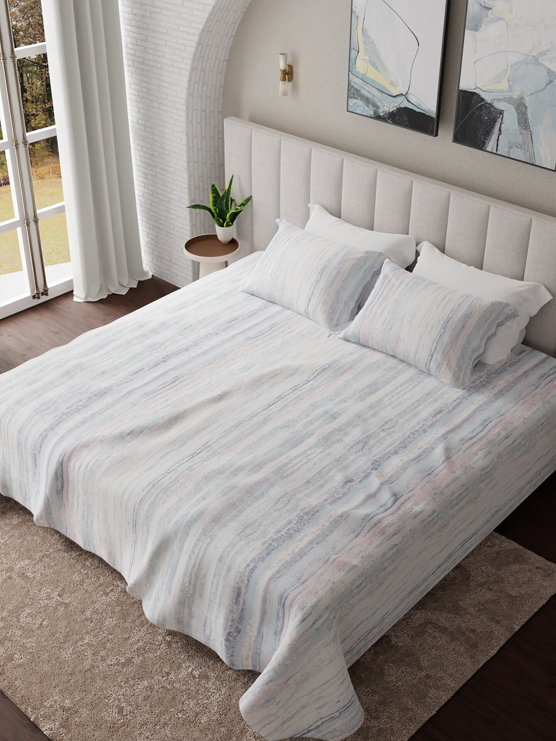 

HOUMN Aurora White & Blue Striped Cotton 300 TC King Bedsheet with 2 Pillow Covers