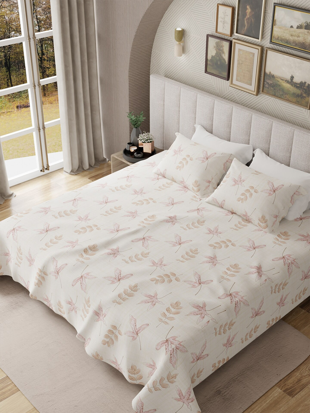 

HOUMN Prisma Pink Floral Cotton 300 TC King Bedsheet with 2 Pillow Covers