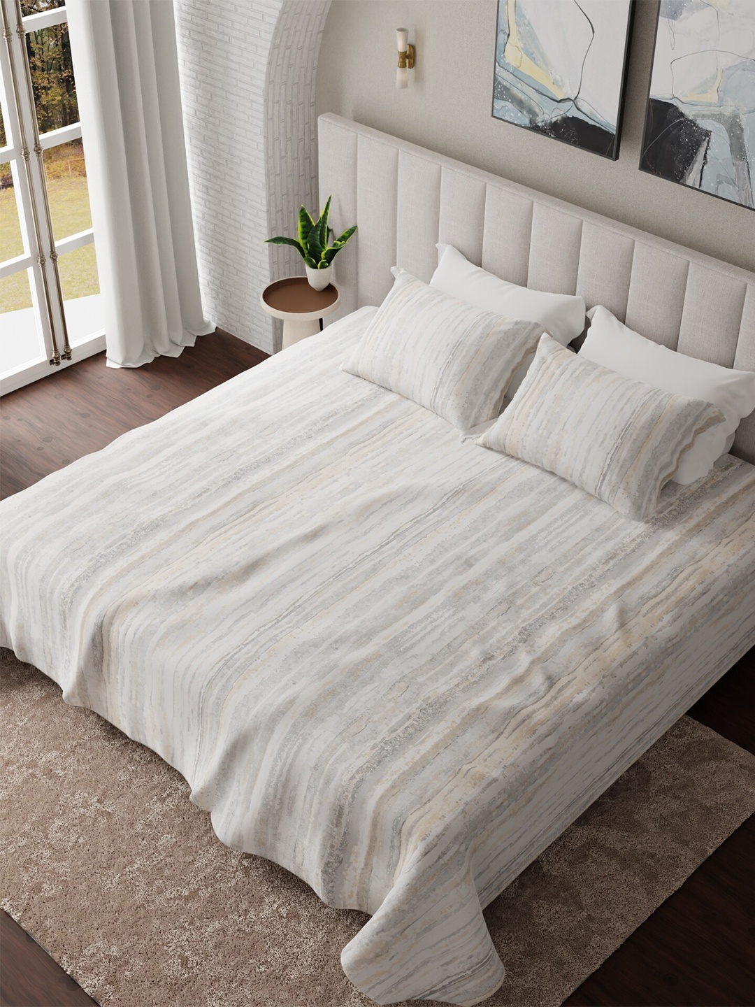 

HOUMN Revere Off White & Grey Abstract Cotton 300 TC King Bedsheet With 2 Pillow Covers