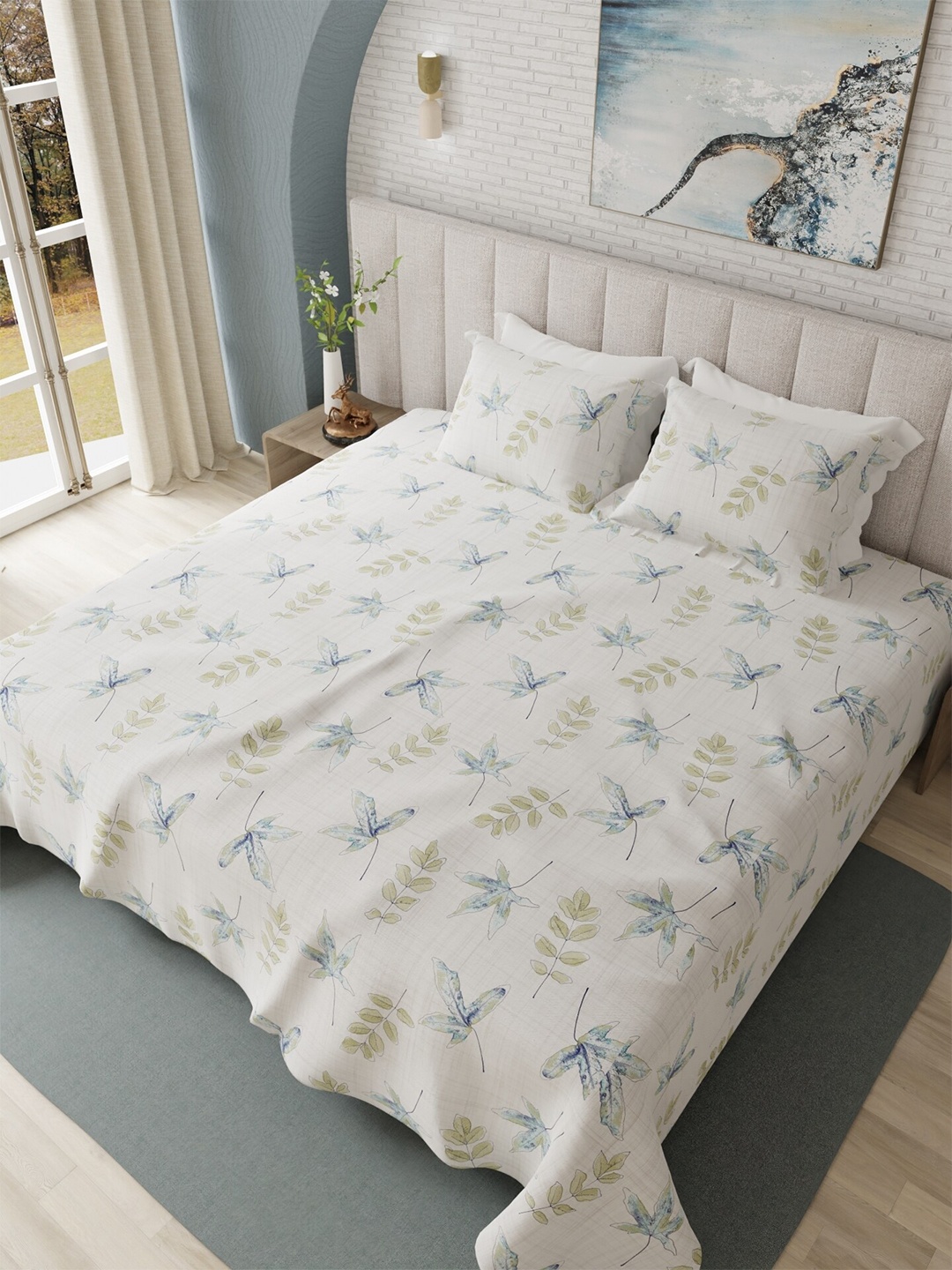 

HOUMN Blue Floral Cotton 300 TC King Bedsheet with 2 Pillow Covers