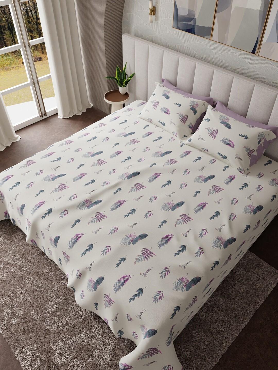 

HOUMN Versa Pink & Off White Floral Cotton 300 TC King Bedsheet With 2 Pillow Covers