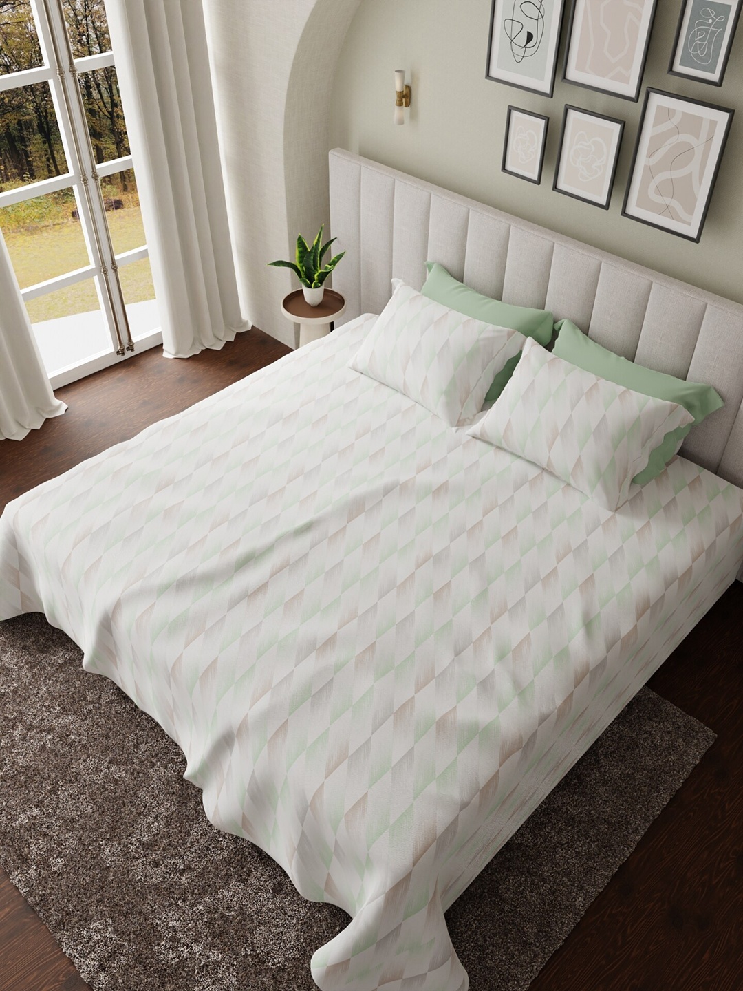 

HOUMN Green & White Geometric Cotton 300 TC King Bedsheet with 2 Pillow Covers