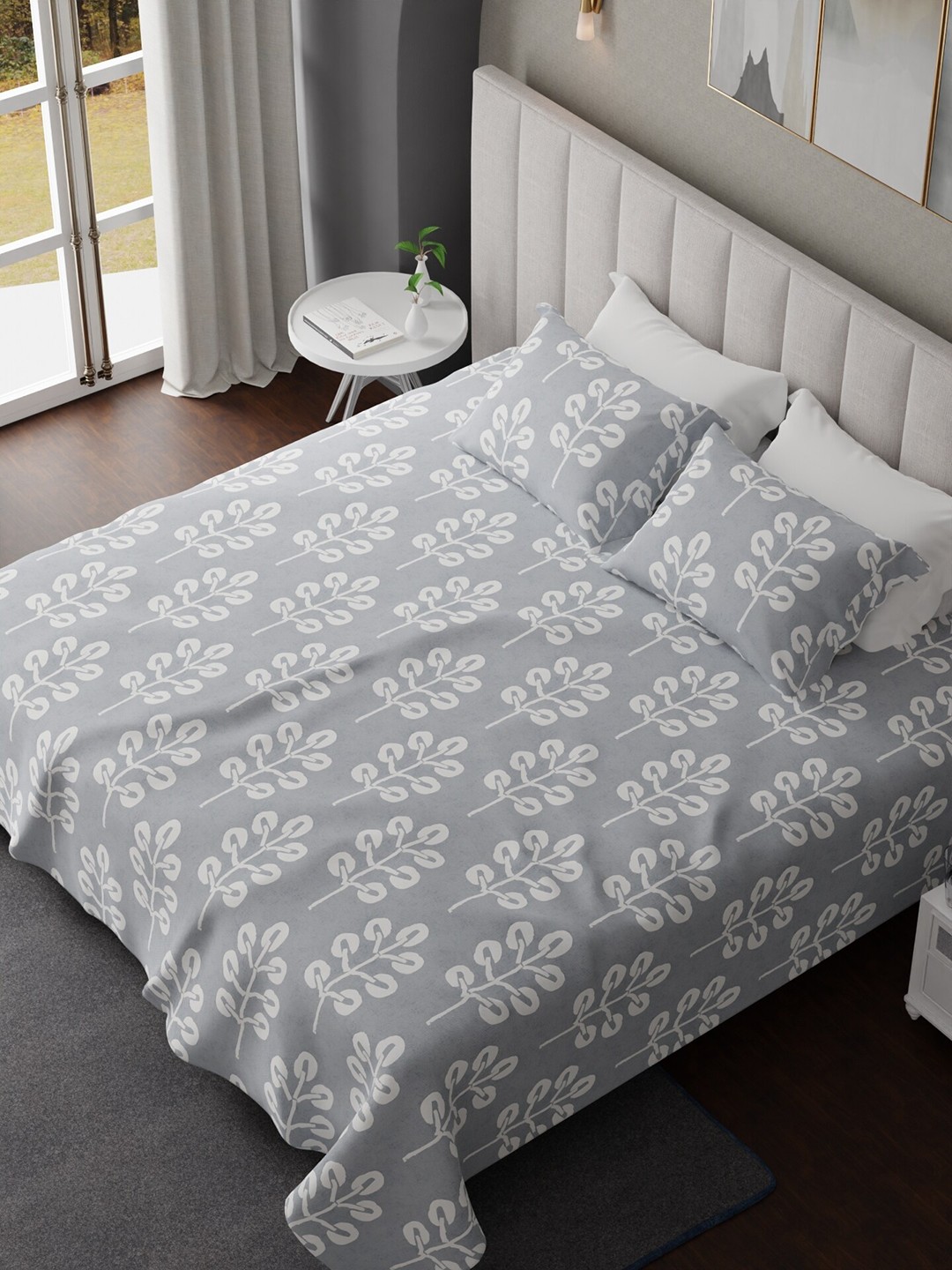 

HOUMN Echo Grey & White Floral Cotton 300 TC King Bedsheet With 2 Pillow Covers