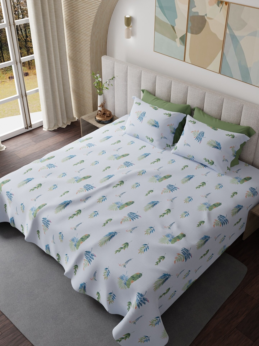 

HOUMN Blue & White Floral Cotton 300 TC King Bedsheet with 2 Pillow Covers