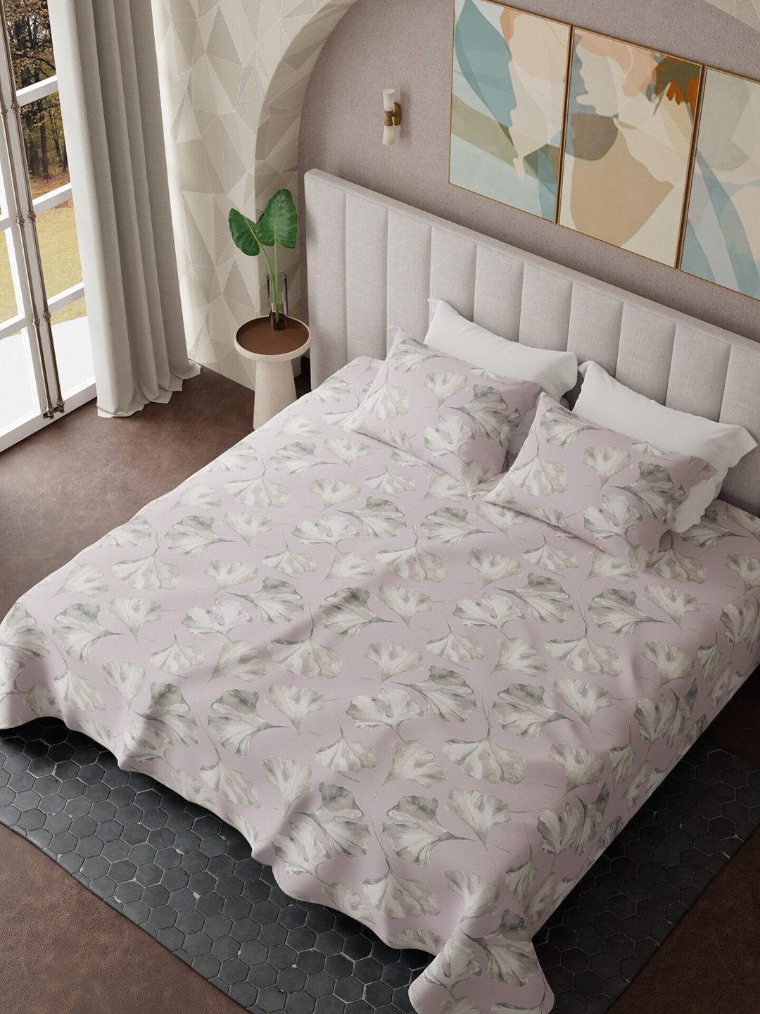 

HOUMN Pink & White Floral Cotton 300 TC King Bedsheet With 2 Pillow Covers