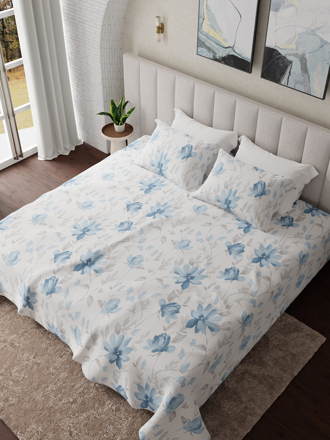 

HOUMN Blue & White Floral Cotton 300 TC King Bedsheet With 2 Pillow Covers