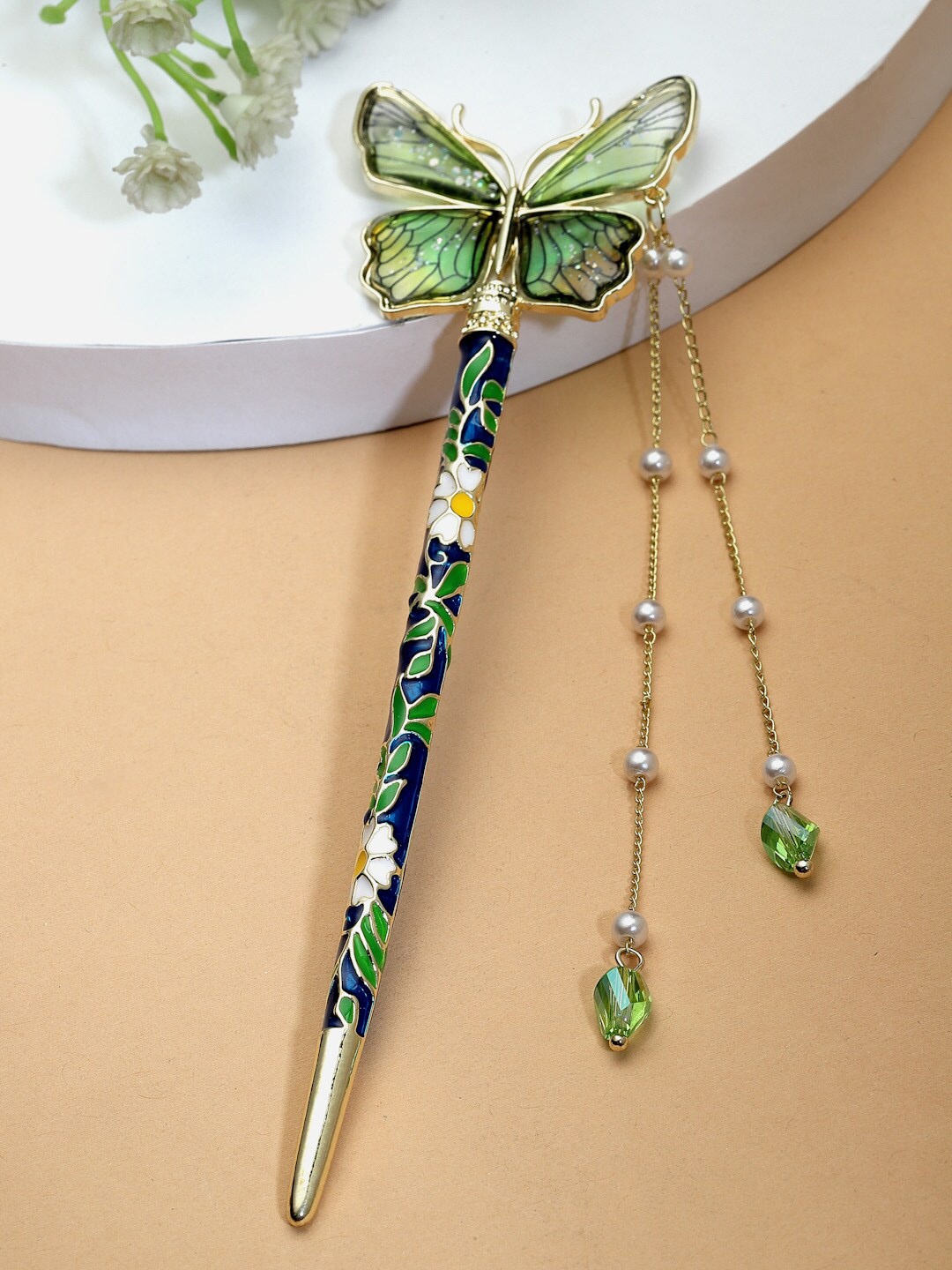 

PANASH Gold Plated Embellished Hairstick, Green