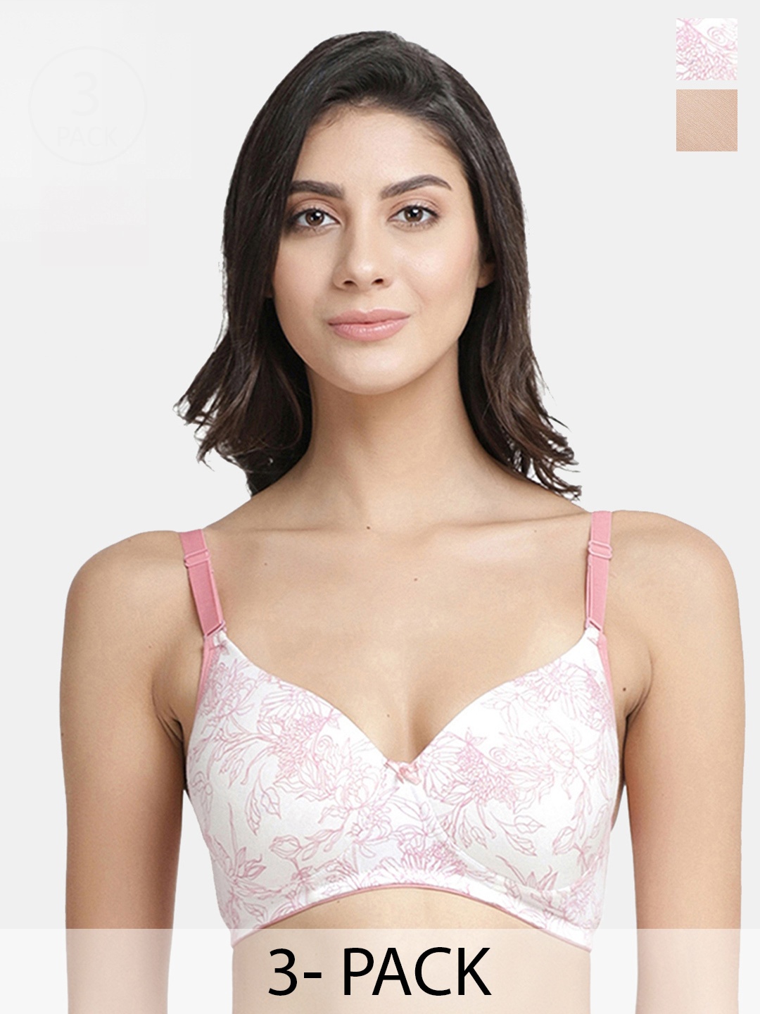 

Inner Sense Pack Of 3 Floral Full Coverage Lightly Padded T-shirt Bras With Anti Microbial, Pink