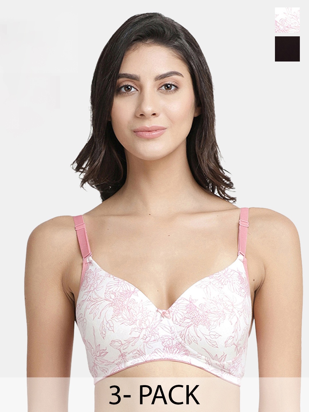 

Inner Sense Pack Of 3 Floral Full Coverage Lightly Padded T-shirt Bras With Anti Microbial, White