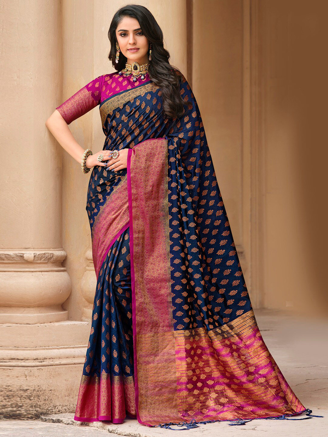 

Mitera Ethnic Motifs Woven Design Zari Saree, Navy blue