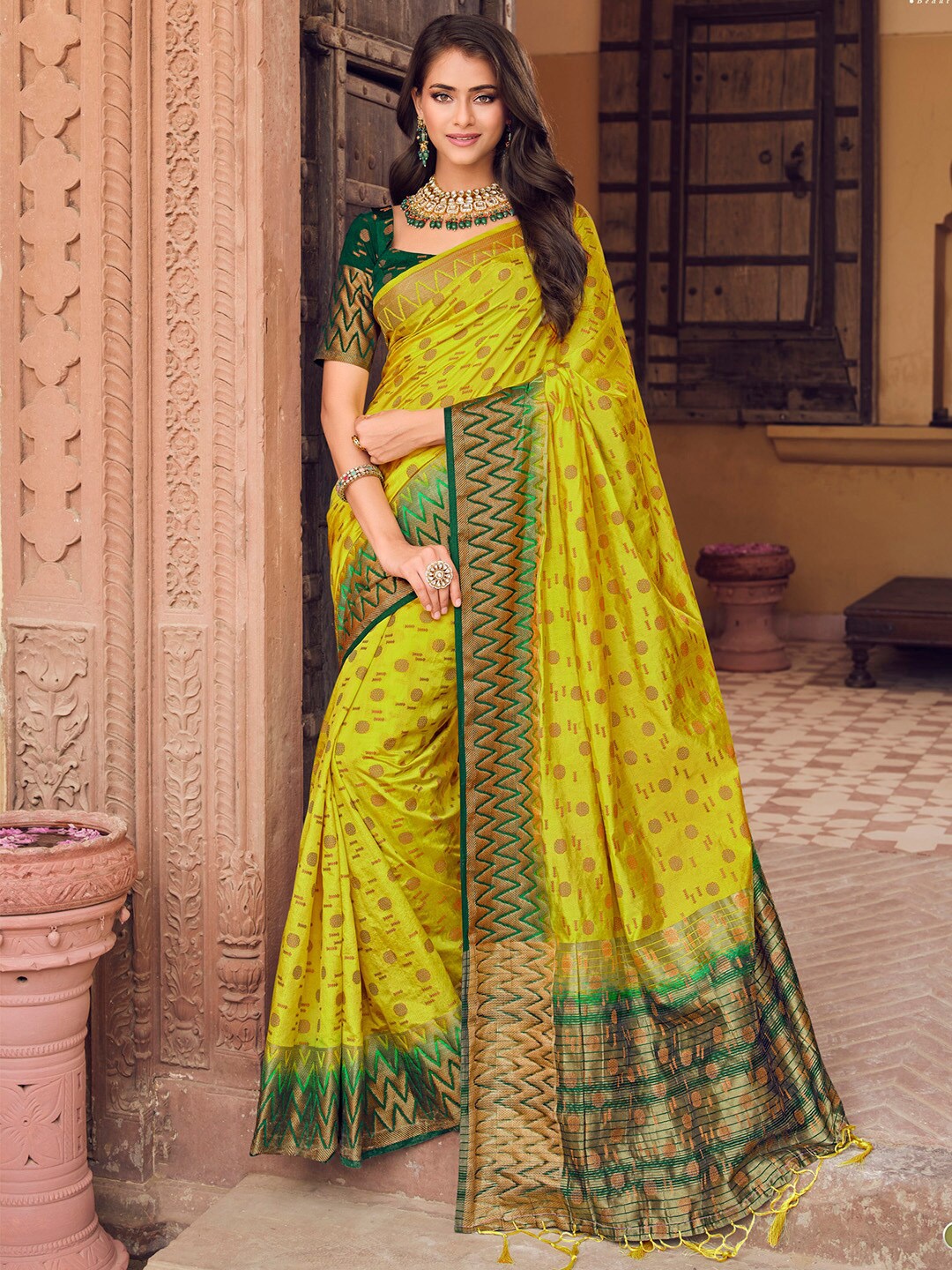 

Mitera Yellow & Green Ethnic Mofits Woven Design Zari Banarasi Saree