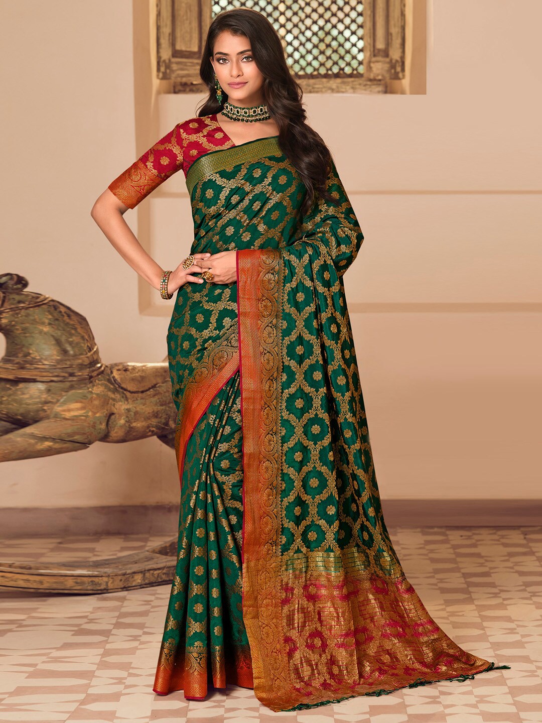 

Mitera Green & Red Ethnic Motifs Woven Design Zari Banarasi Saree