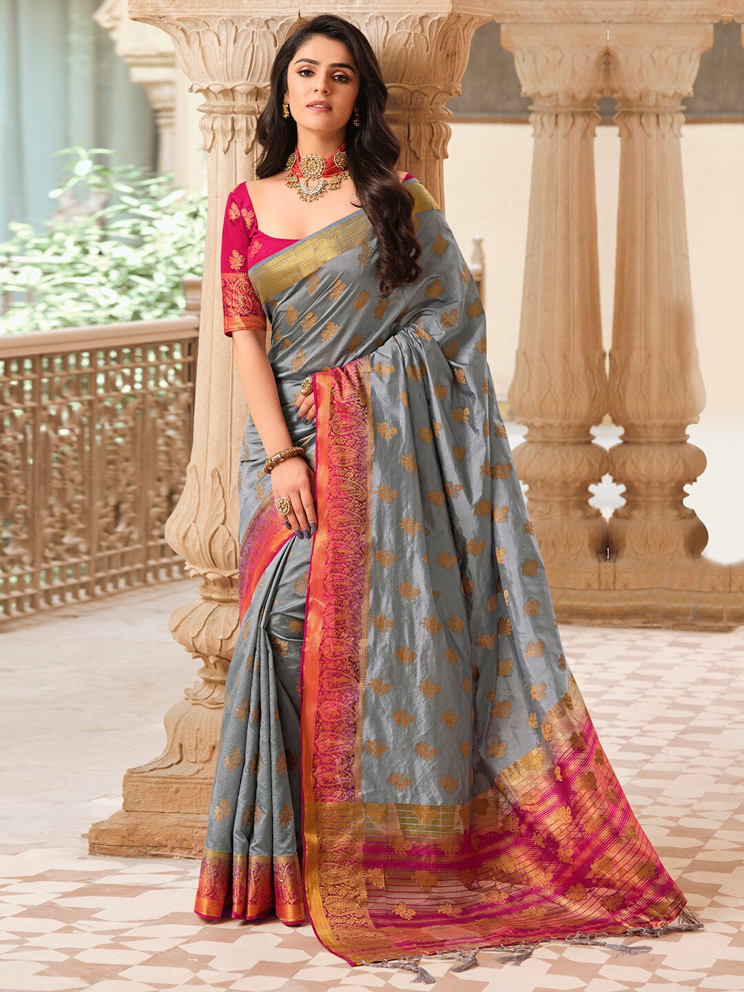 

Mitera Grey & Red Ethnic Motifs Woven Design Zari Banarasi Saree