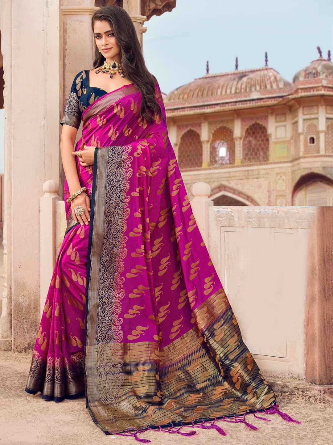 

Mitera Magenta & Blue Woven Design Zari Banarasi Saree