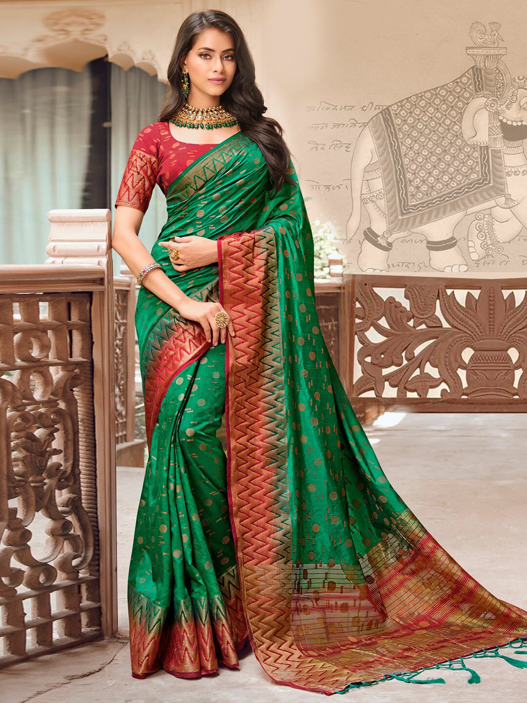 

Mitera Green & Red Ethnic Motifs Woven Design Zari Banarasi Saree