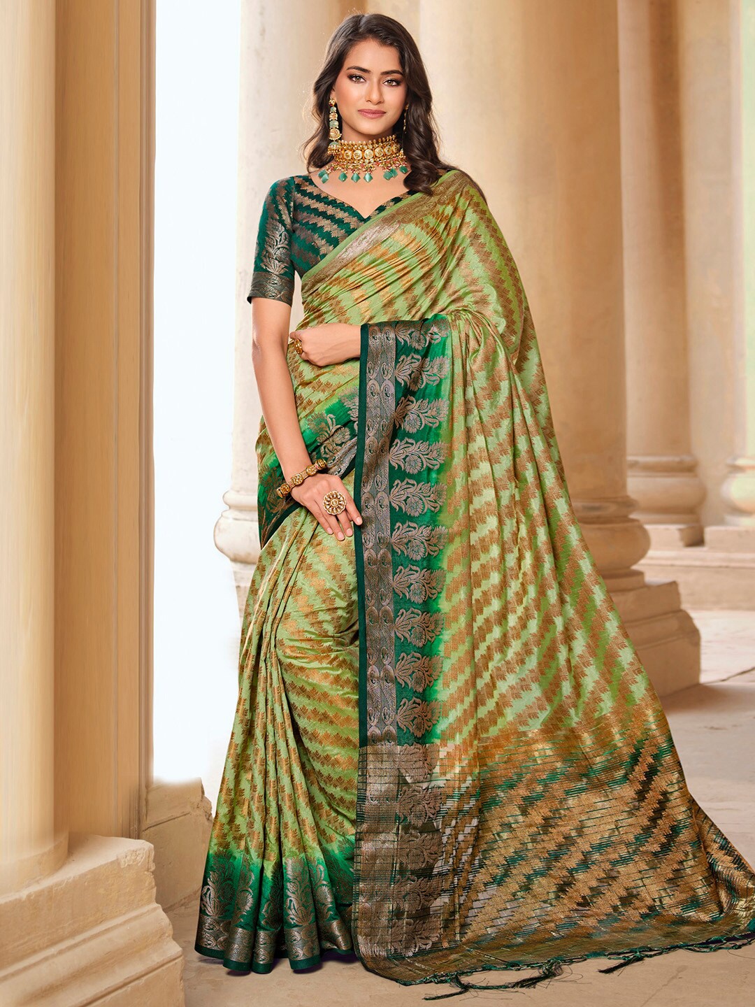 

Mitera Green & Brown Ethnic Motifs Woven Design Zari Banarasi Saree