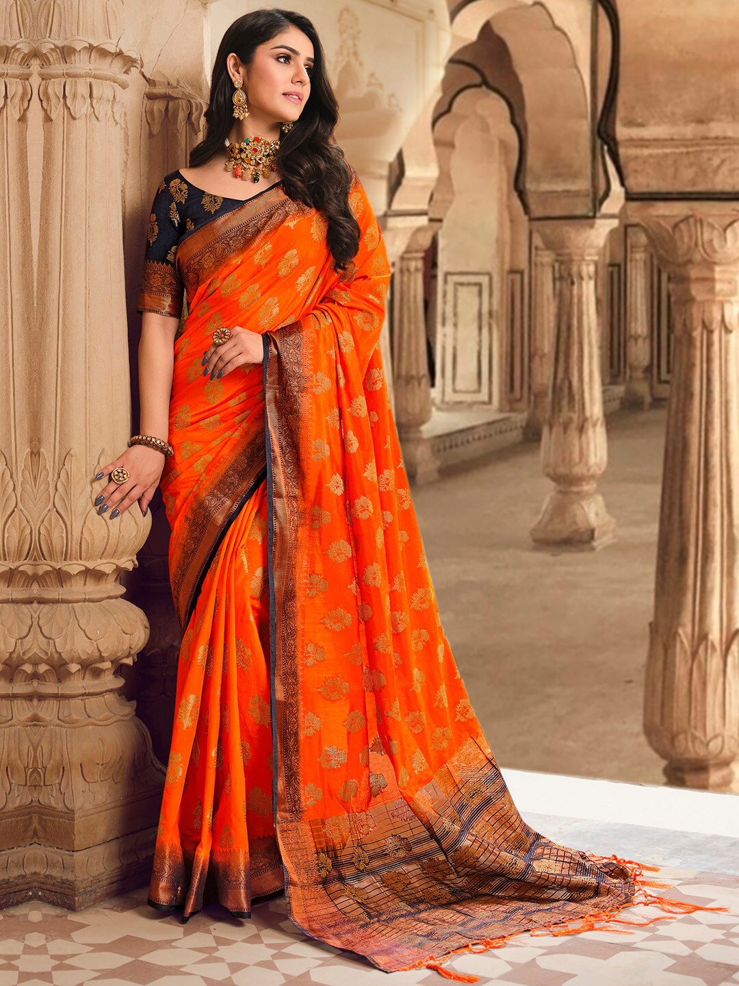 

Mitera Ethnic Motifs Woven Design Zari Detail Saree, Orange