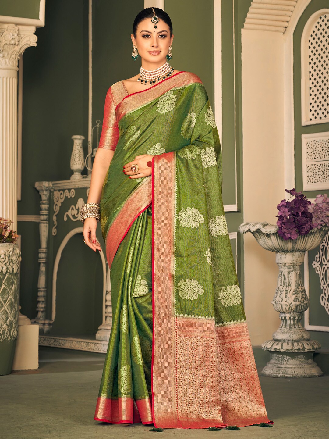 

Mitera Ethnic Motifs Woven Design Zari Detail Saree, Green