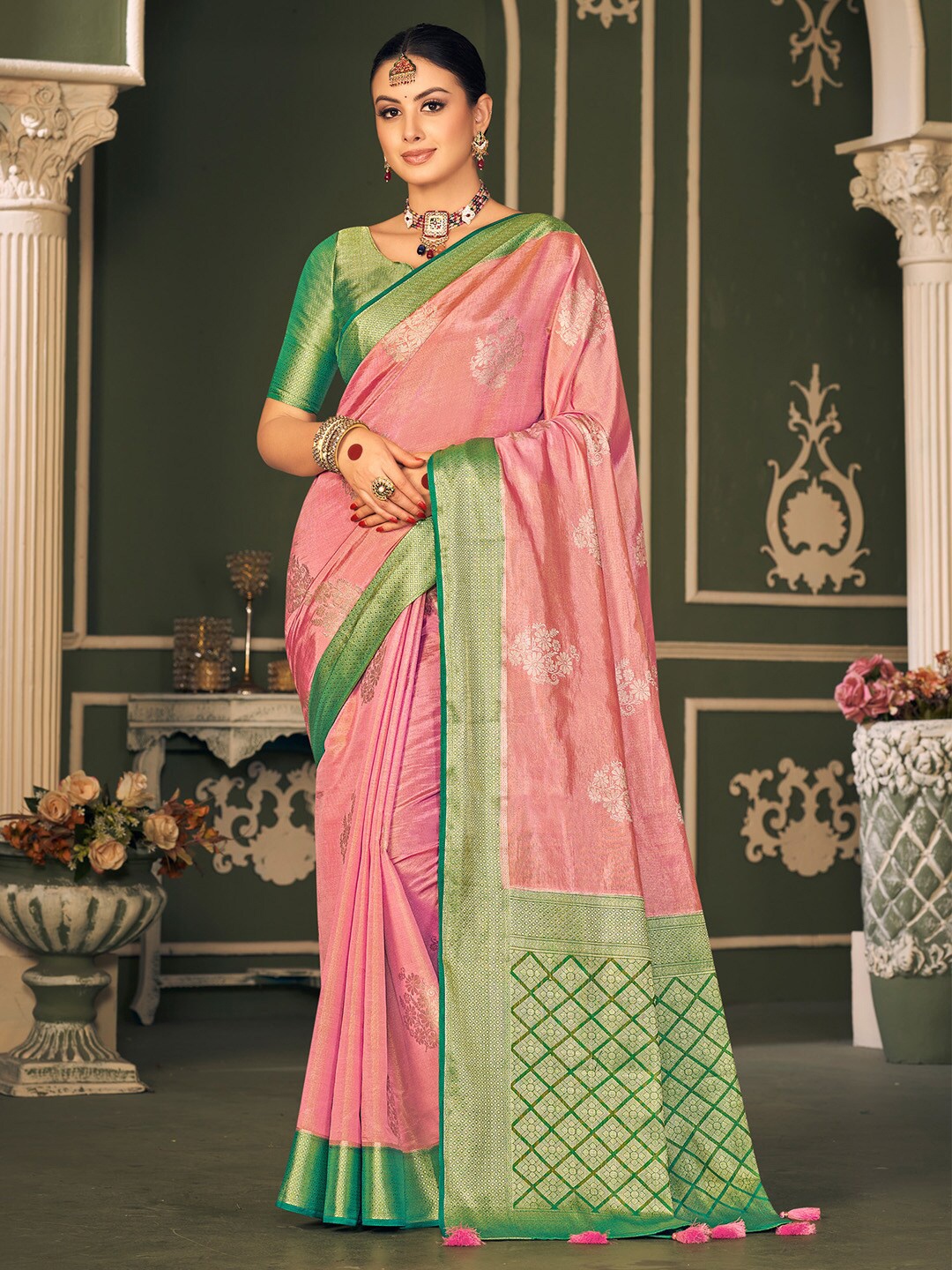 

Mitera Pink & Green Ethnic Motifs Woven Design Zari Banarasi Saree