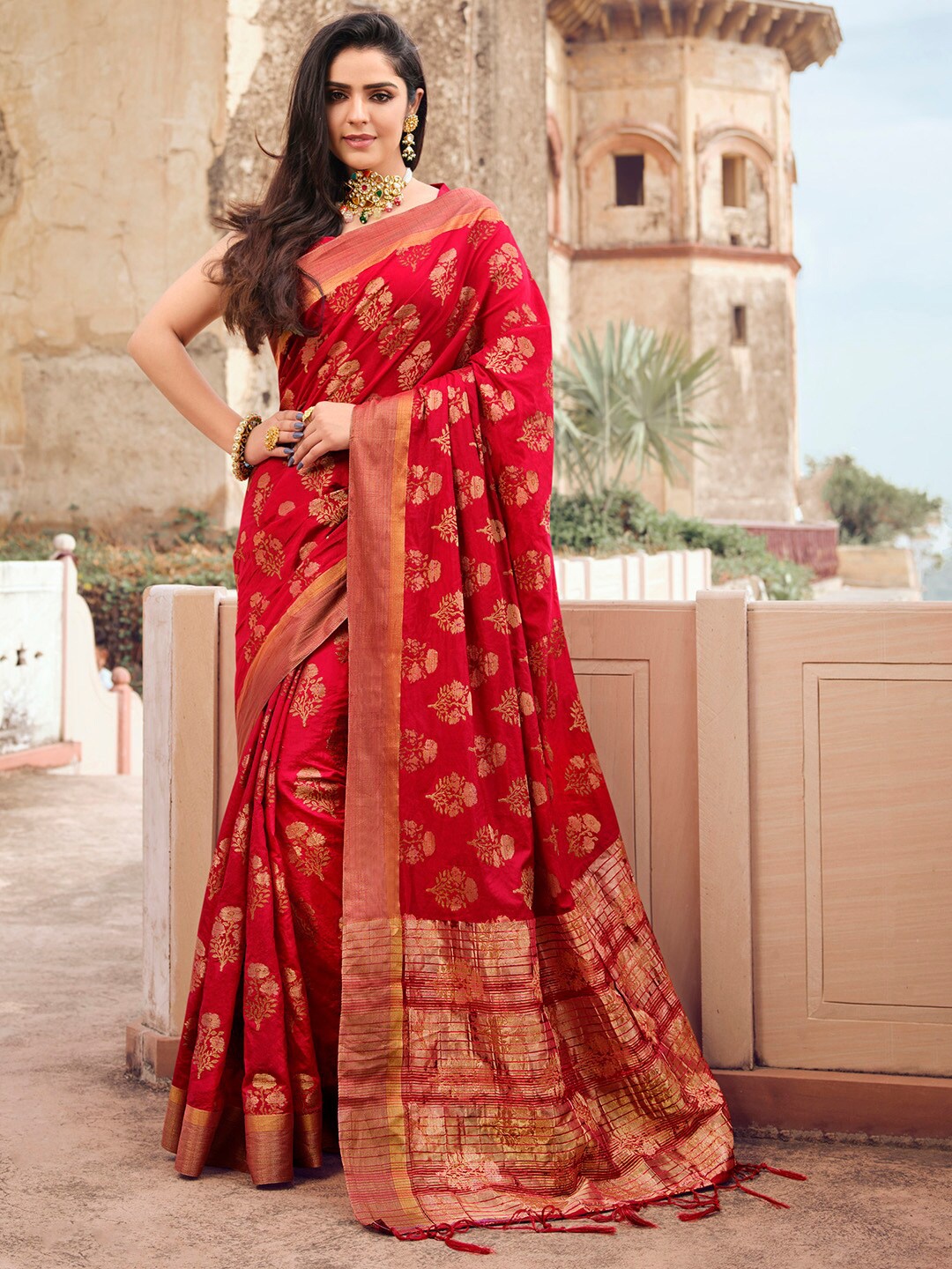 

Mitera Pink & Gold-Toned Ethnic Motifs Woven Design Zari Banarasi Saree