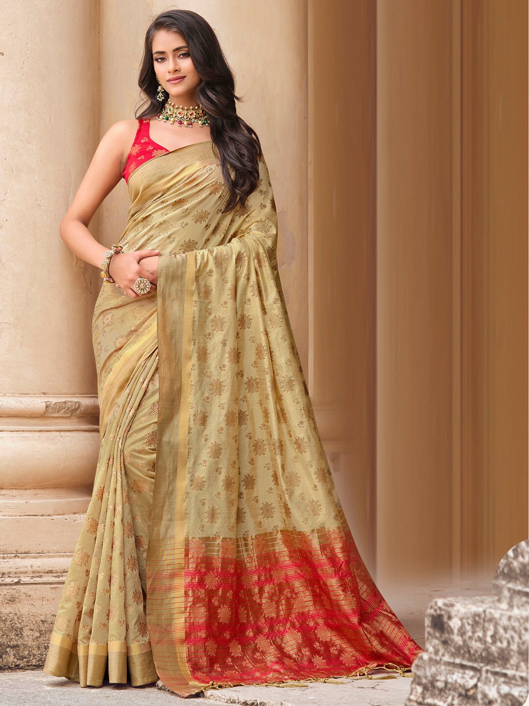 

Mitera Beige & Red Ethnic Motifs Woven Design Zari Banarasi Saree