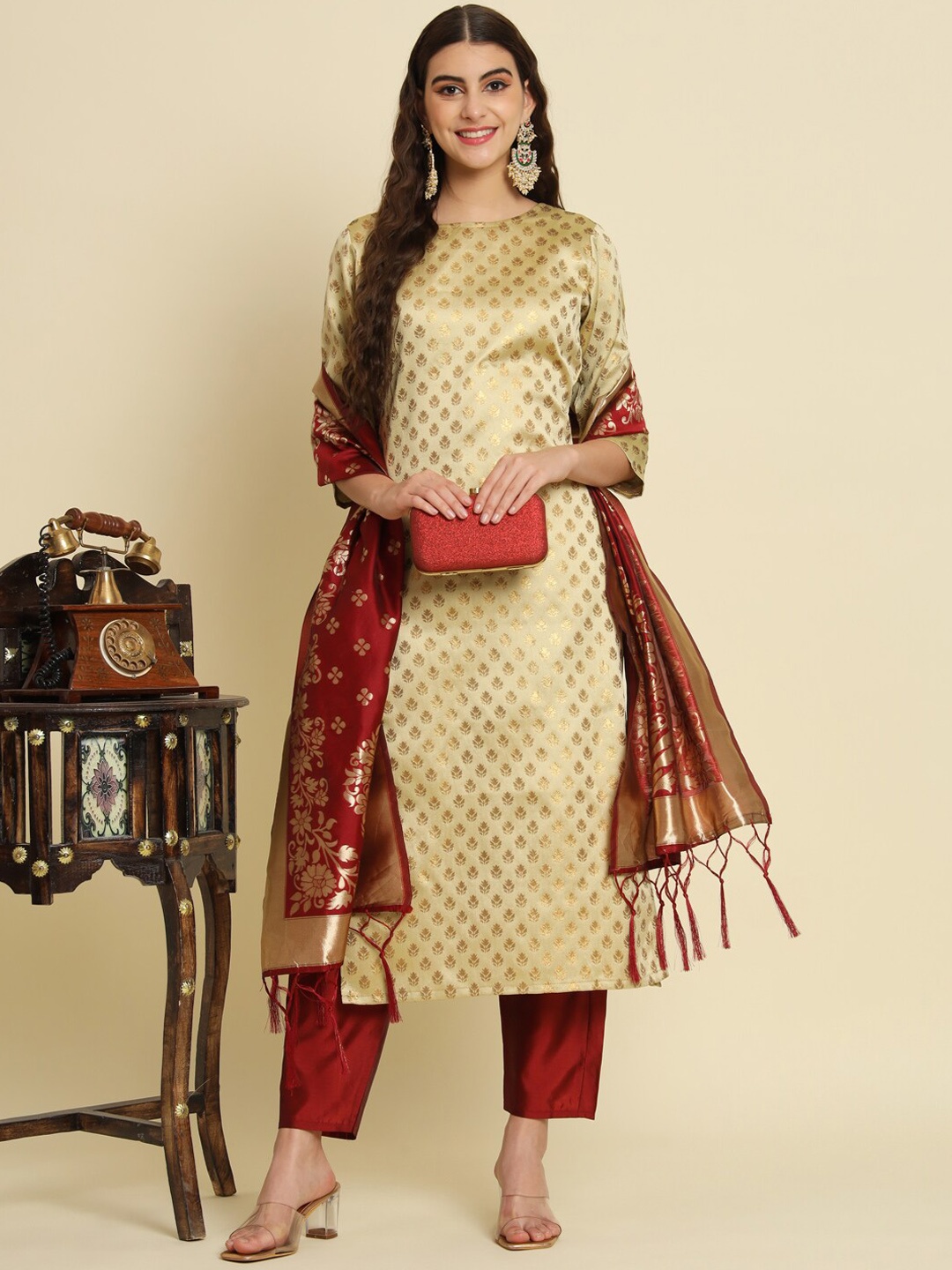 

KALINI Ethnic Motifs Woven Design Regular Zari Kurta With Trousers & Dupatta, Beige