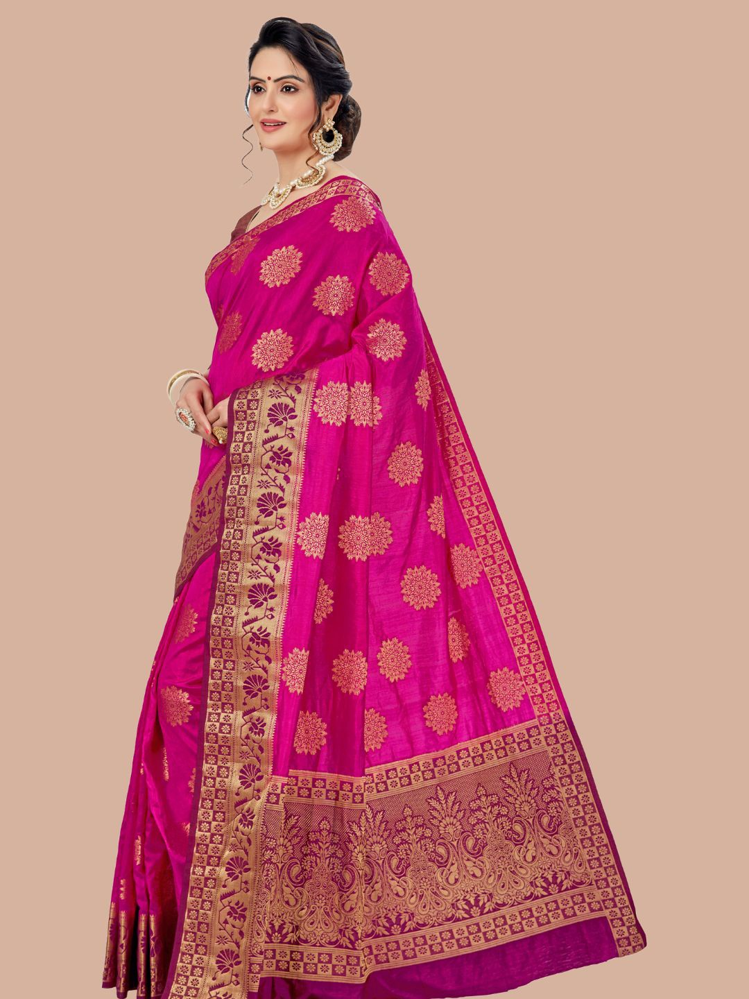 

MAGMINA Ethnic Motif Woven Design Zari Kanjeevaram Saree, Pink