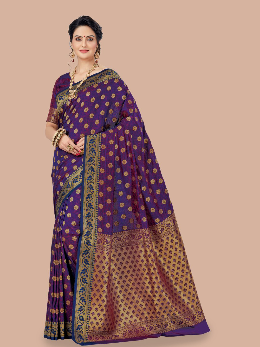 

MAGMINA Floral Zari Kanjeevaram Saree, Purple