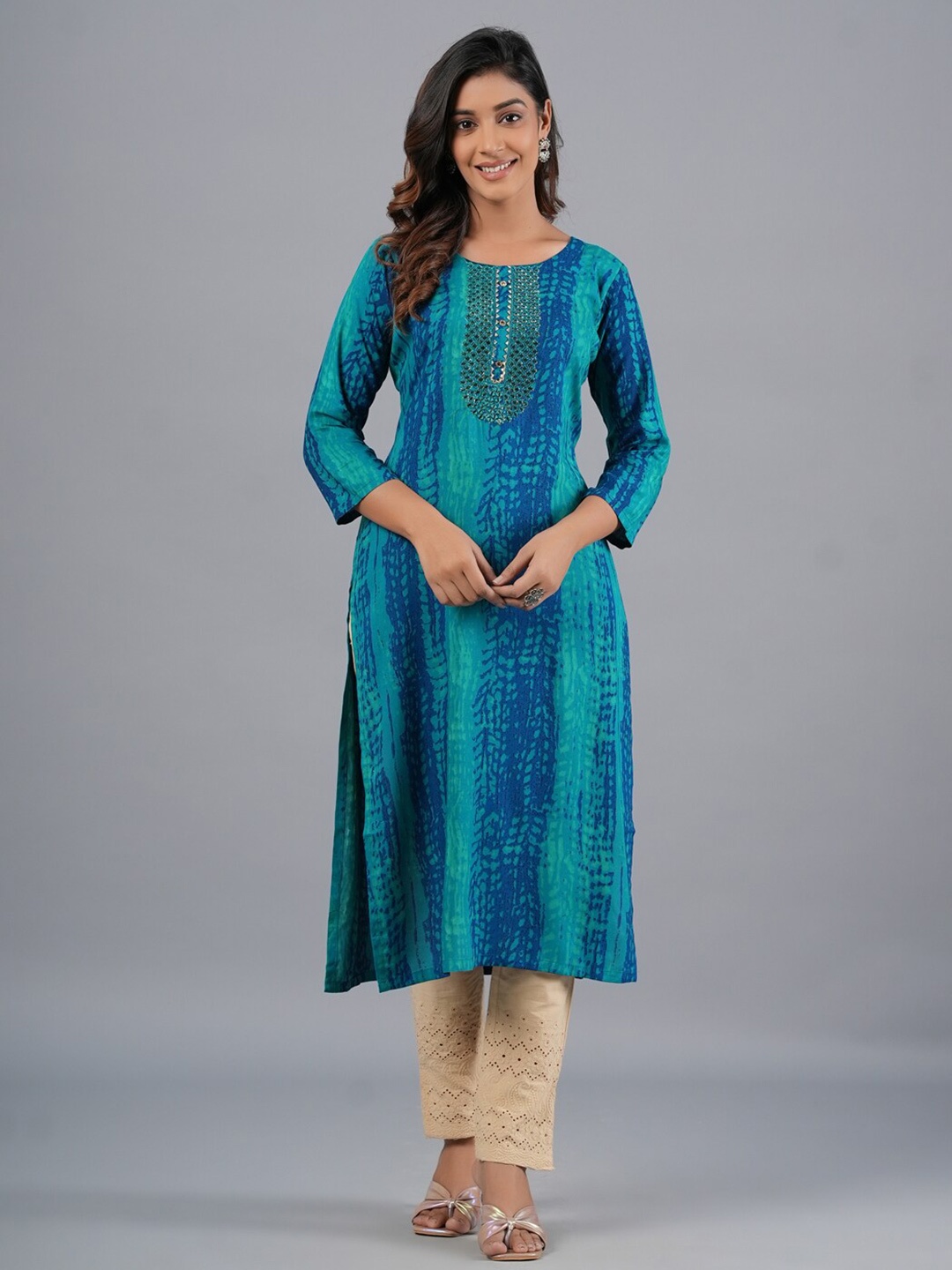 

Amchoor Abstract Printed Mirror Work Straight Kurta, Blue