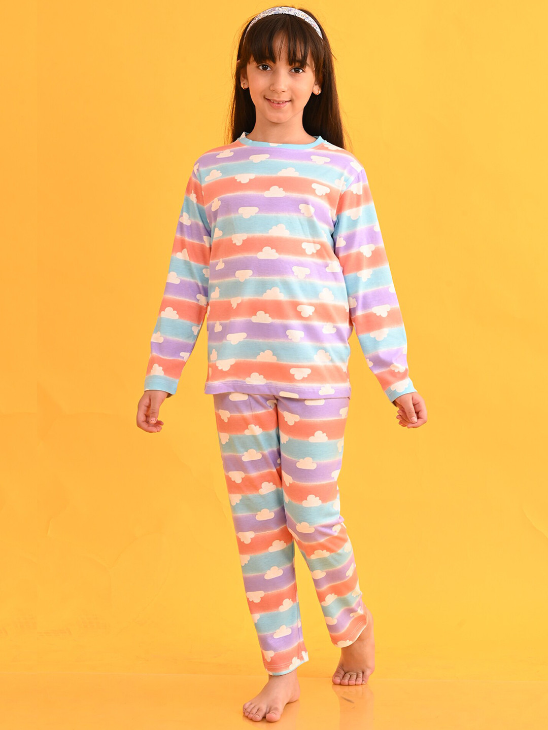 

Anthrilo Girls Striped Night suit, Peach
