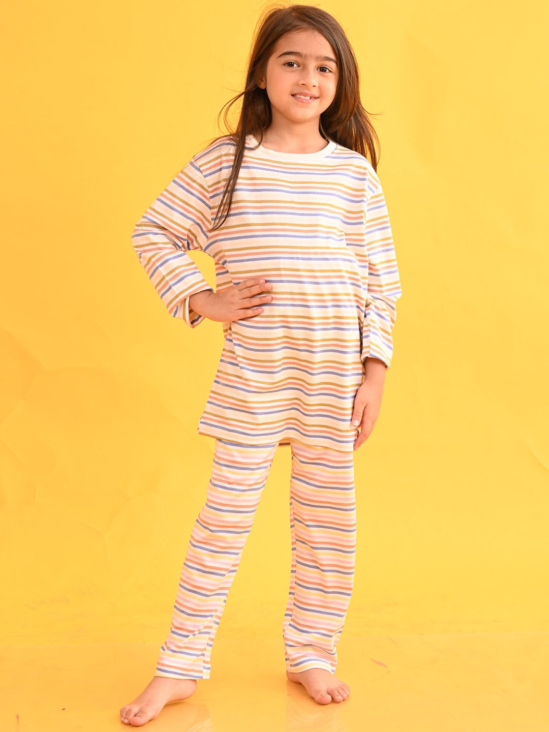 

Anthrilo Girls Striped Night suit, Beige
