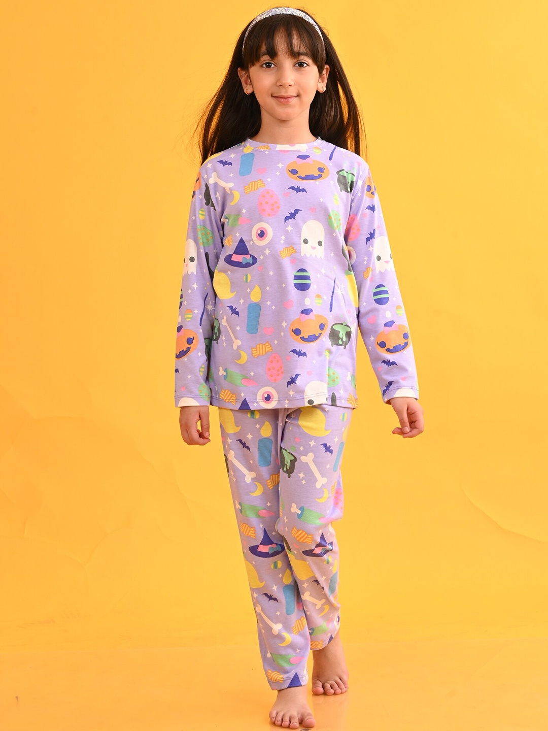 

Anthrilo Girls Halloween Printed Long Sleeves T-Shirt & Pyjama, Purple