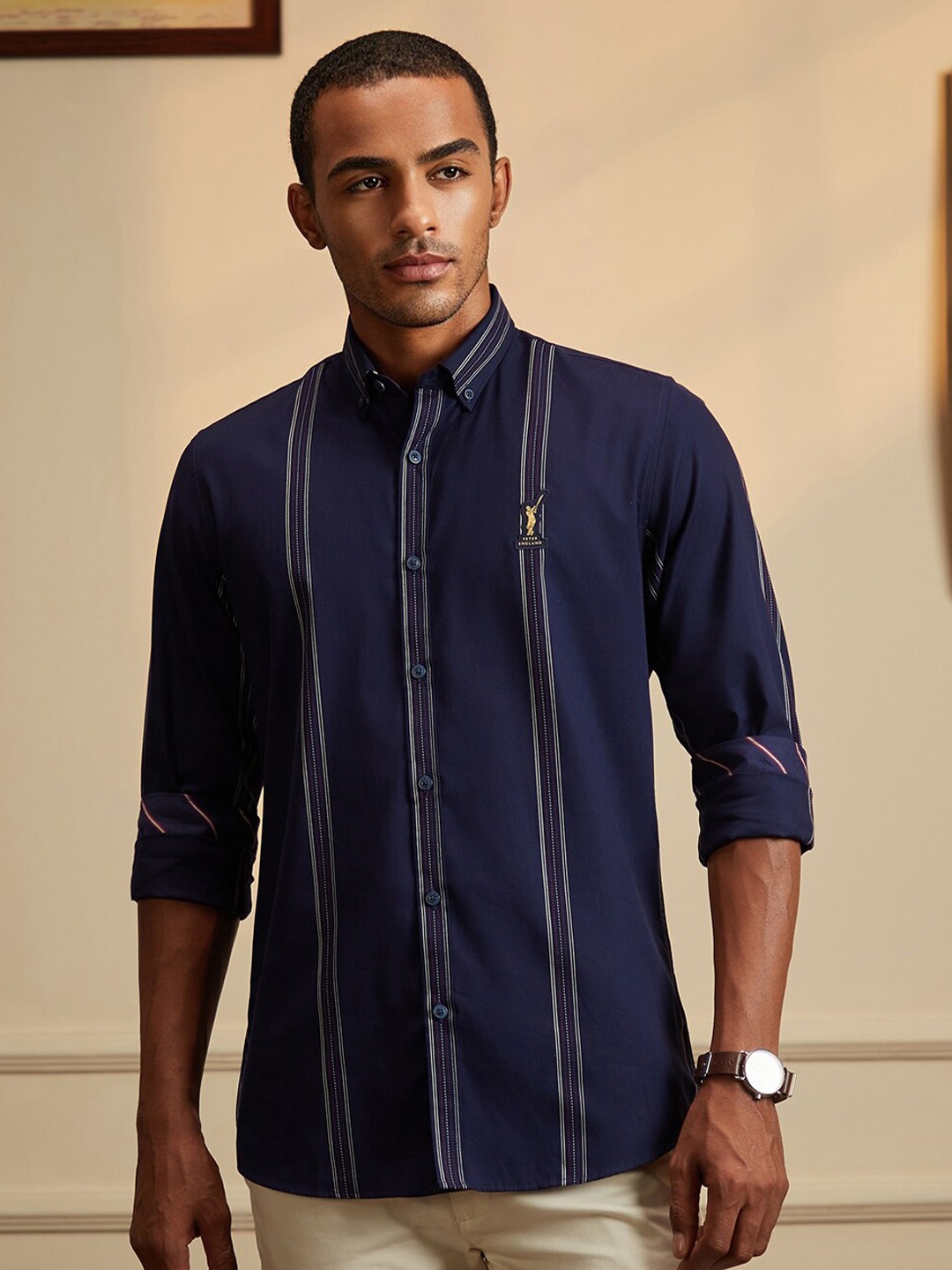 

Peter England Casuals Stripes Button-Down Collar Cotton Cricket Inspired Casual Shirt, Navy blue