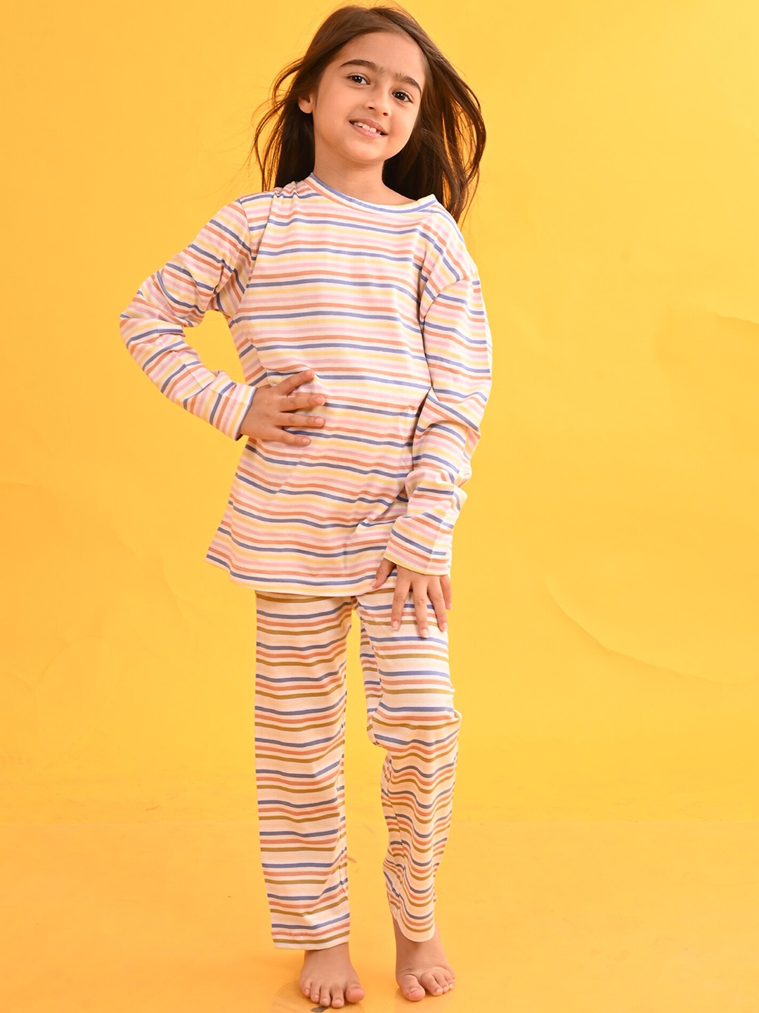 

Anthrilo Girls Striped Round Neck T-Shirt & Pyjama, Beige