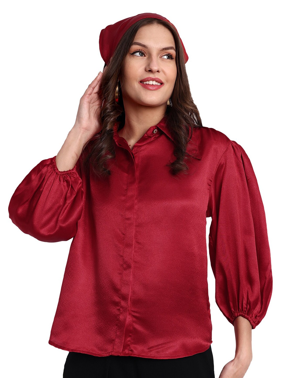 

ESSQUE Puff Sleeves Satin Shirt Style Top, Red