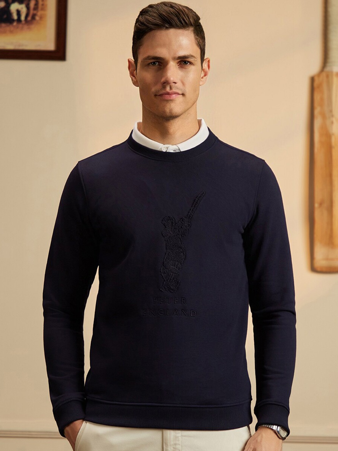 

Peter England Casuals Round Neck Cricket Inspired Pullover Sweatshirt, Navy blue