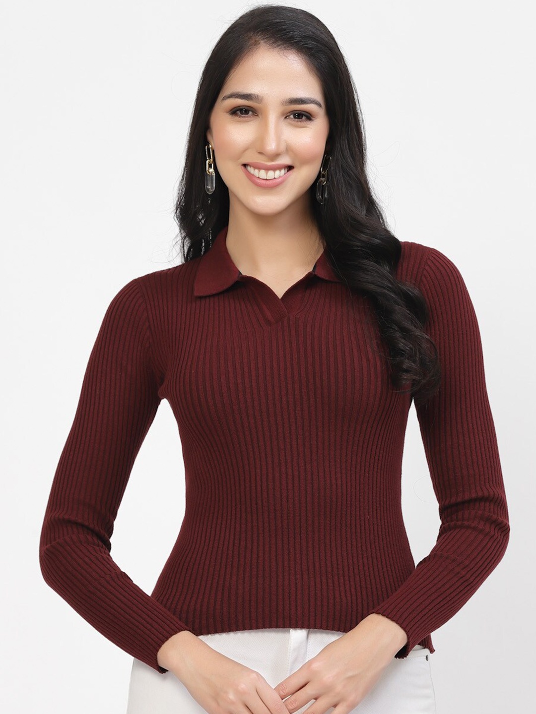 

Kalt Self Design Long Sleeves Shirt Collar Ribbed Fitted Cotton Top, Maroon