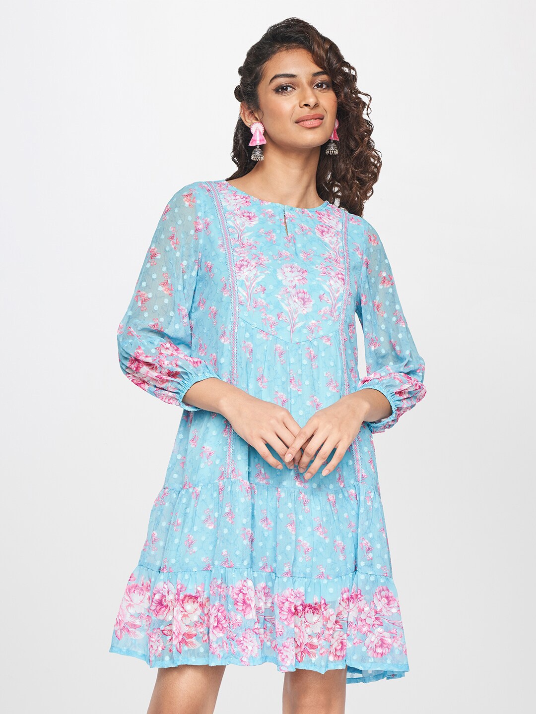 

Global Desi Floral Printed Puff Sleeves A-Line Dress, Blue