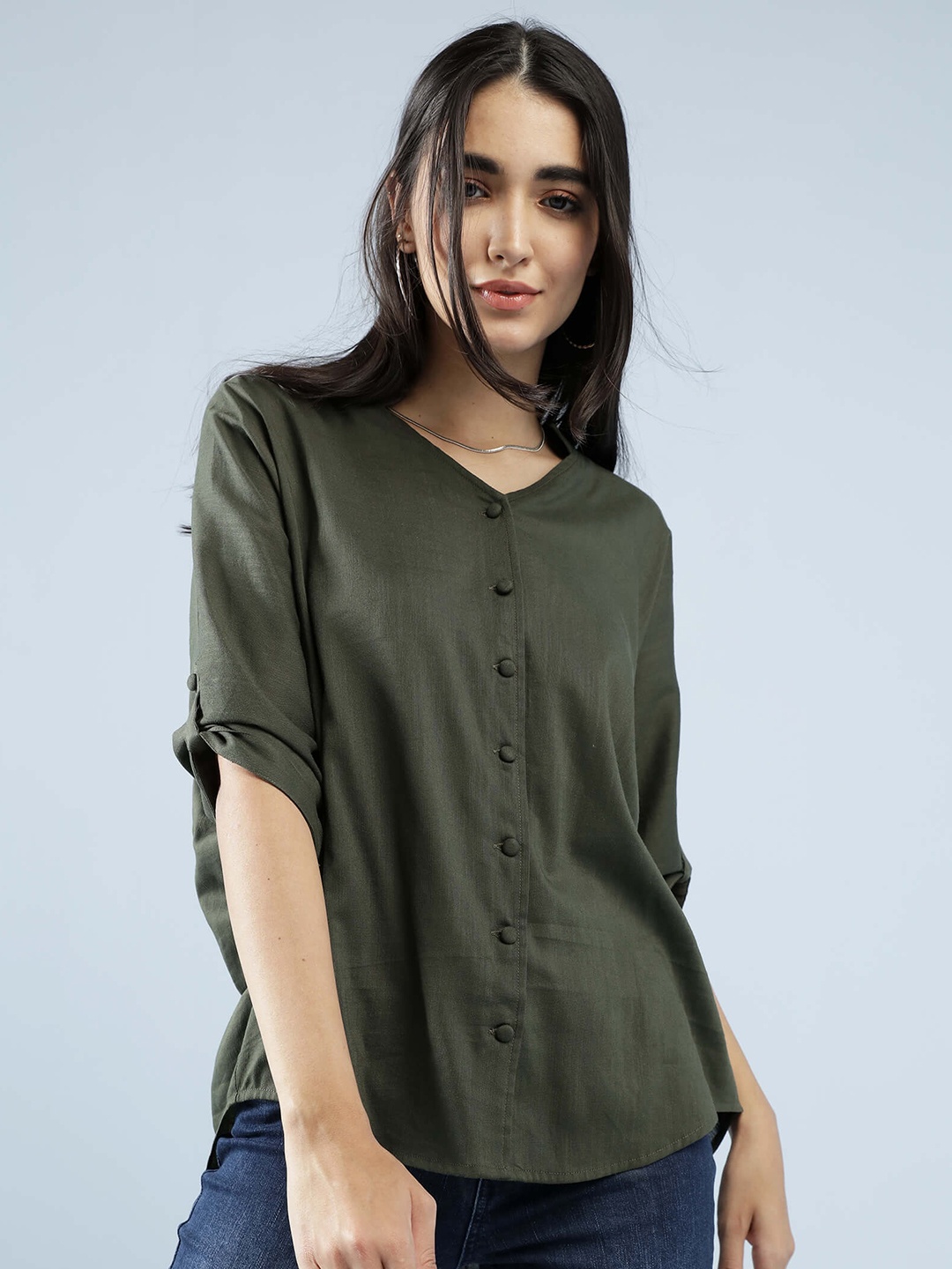 

IDK Olive Green V-Neck Roll-Up Sleeves Oversized Shirt Style Top