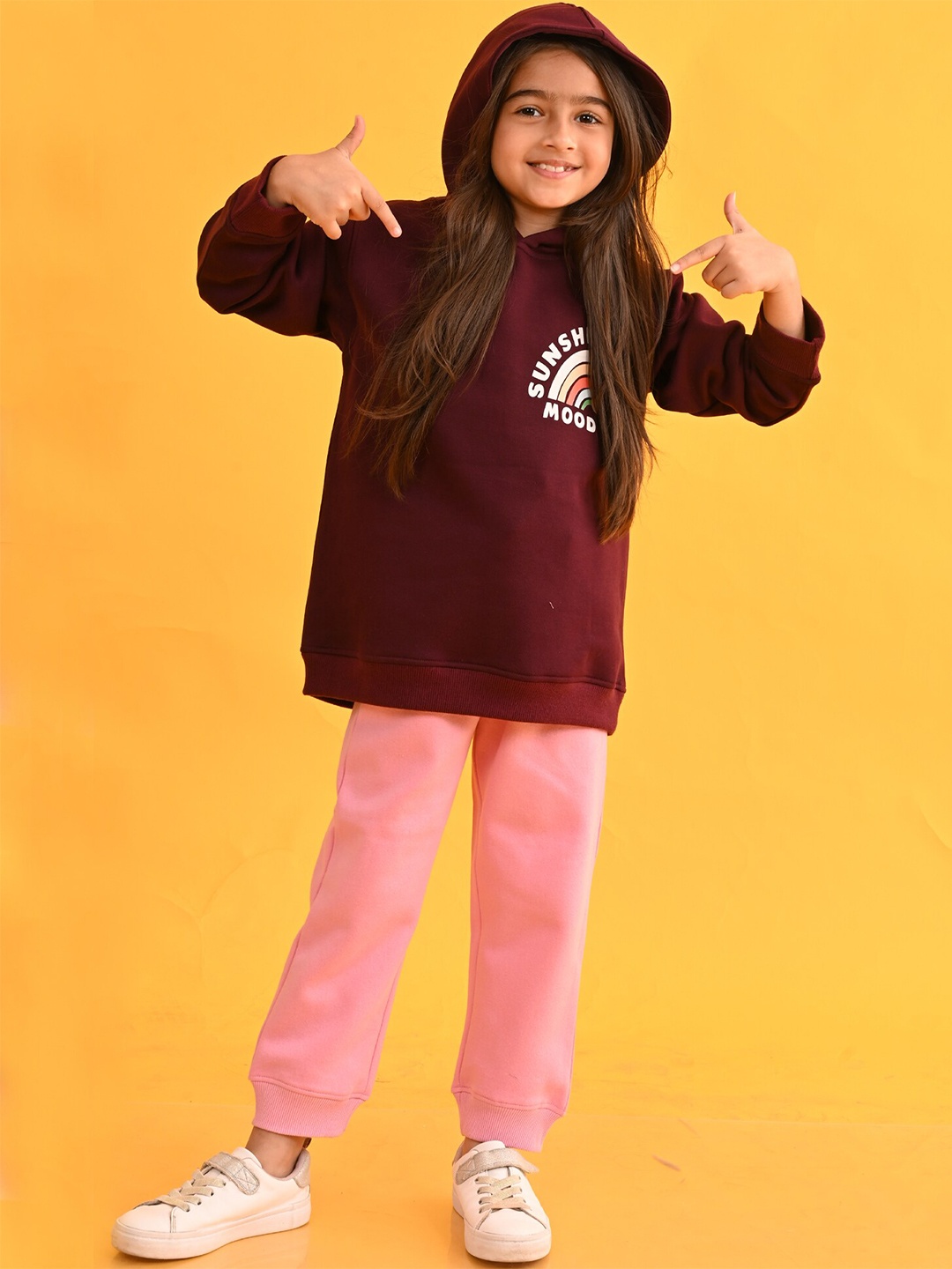 

Anthrilo Girls Typography Printed Fleece Hooded Sweatshirt & jogger, Maroon