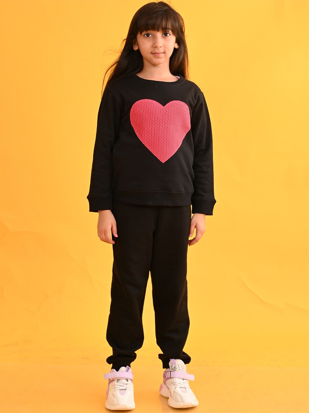 

Anthrilo Girls Heart Printed Fleece Hooded Sweatshirt & jogger, Black